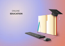 Realistic Digital Online Concept. Education Application Learning On Gradient Website Background. Decor By Book Lecture Pencil  Computer Mouse Keyboard Graduation Hat. 3D Vector Illustration Copy Space