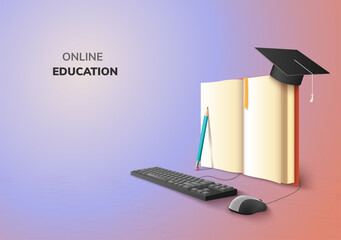 realistic digital online concept. education application learning on gradient website background. dec