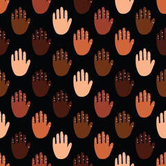 Seamless pattern of a people s hands with different skin color together. Symbol of race equality, diversity, tolerance. Human palm with different skin color tolerance and anti racism concept. Vector