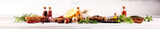 Spices and herbs on table. Food and organic cuisine ingredients.