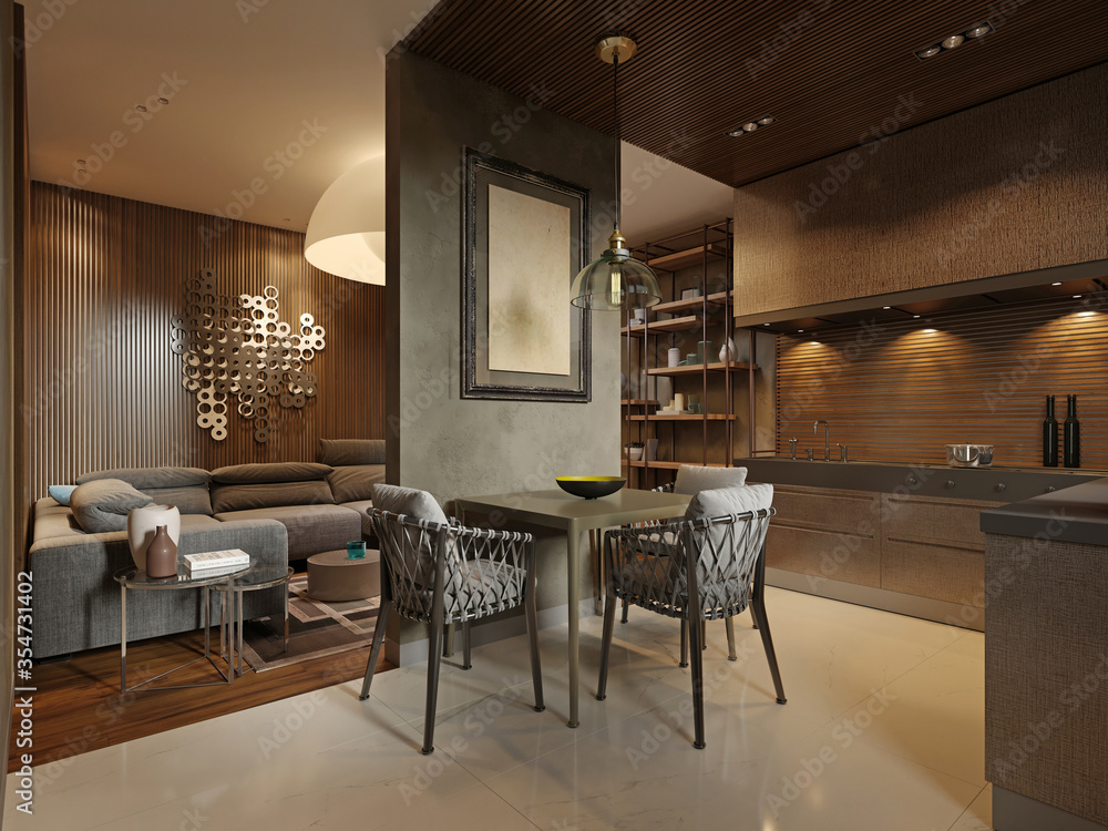 Dining room with contemporary style kitchen in dark brown studio apartments. Partition wall separating the living room and kitchen. - obrazy, fototapety, plakaty 