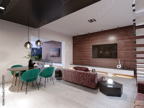 Modern Living Room Combined With Dining Room Wall Mounted Tv Unit Stand On A Wooden Wall Made Of Planks Green Burgundy Brown White Buy This Stock Illustration And Explore Similar Illustrations