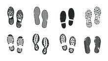 Set Of Bootprints Iaolsted On White. Grunge Effect. Vector Illustration.
