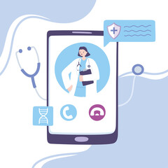 Poster - online doctor, female practitioner with stethoscope on the smartphone screen medical advice or consultation service