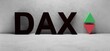 cgi render illustration of the word DAX infront of a white concrete wall, green and red up and down arrows
