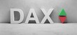 cgi render illustration of the white word DAX infront of a white concrete wall, up and down arrows
