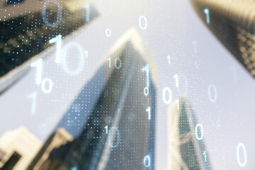 abstract virtual binary code hologram on modern architecture background, ai and machine learning con