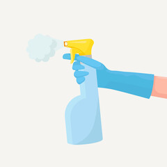 Spraying anti-bacterial sanitizer spray to prevent colds, flu, virus, coronavirus. Hand holds bottle with sanitizer dispenser. Disinfection cleaning by alcohol spray. Vector cartoon design