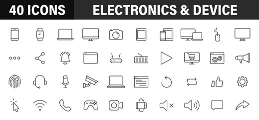 Wall Mural - set of 40 technology and electronics and devices web icons in line style. device, phone, laptop, com