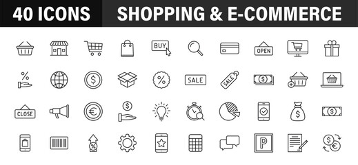 Wall Mural - set of 40 e-commerce and shopping web icons in line style. mobile shop, digital marketing, bank card