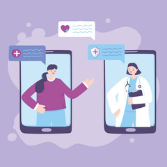 Poster - telemedicine, smartphone female doctor and patient consultation online helping