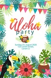 Fototapeta Dinusie - Aloha party tropical invitation with bird vector illustration. Card with animal and festive inscription flat style. Floral decor with garland. Joy and relax event. Celebration concept