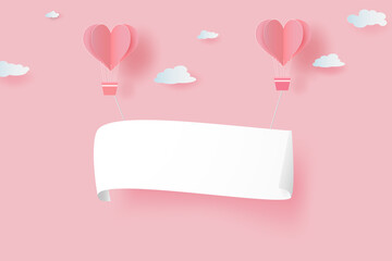Wall Mural - creative paper art and craft of happy valentine day concept. paper white signboard in air balloons h