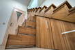 © bilanol - Modern architecture interior with luxury hallway with glossy wooden stairs in multi-storey house. Custom built pullout cabinets on glides in slots under stairs. Use of space for storage.