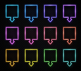 Wall Mural - neon square arrow colorful signs set. realistic light glowing pointers on transparent background. lo