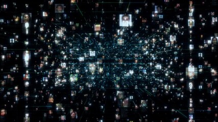 Wall Mural - a social network with a stream of unrecognizable people portraits moving along blue network grid and data connections in black cyberspace background, 3d rendering 4K footage