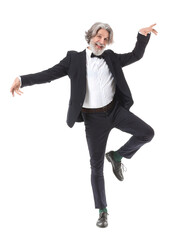 Poster - Cool senior man dancing against white background