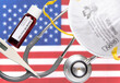Concept of Coronavirus or Covid-19 pandemic to use as background with US, USA, America country flag and medical blood test, stethoscope, surgical N95 mask, thermometer