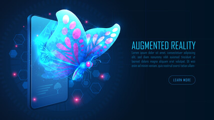 Virtual Butterfly Augmented Reality fly out from smartphone, Suitable for innovation technology development background cover or banner, Vector illustration