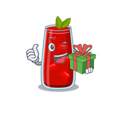 Poster - joyful bloody mary cocktail cartoon character with a big gift box