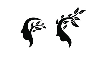 Wall Mural - set collection head face with leaf black white logo icon design illustration