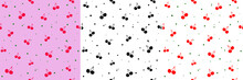 Seamless Cherry Pattern Set. Black And White. Red Cherries With Green Dots On A White Background. Red Cherries With Green Dots On A Pink Background. Vector. EPS 10