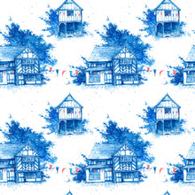 Seamless Pattern With Watercolor Houses In Vintage Style. Old English, European Houses, Tudor, Victorian, Georgian, Ancient Architecture.