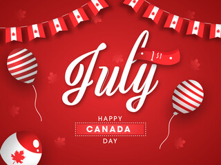 Sticker - Paper Cut 1st July Font with Flying Balloons and Canadian Bunting Flags Decorated on Red Maple Leaves Background for Happy Canada Day.