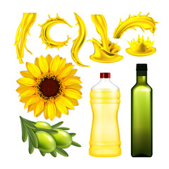 Sticker - Olive And Sunflower Oil Collection Set Vector. Oil Bottles And Different Splash, Organic Raw Berries With Leaves And Flower With Seeds. Natural Product Layout Realistic 3d Illustrations