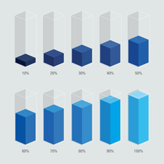 Wall Mural - blue liquid histogram glass bars display. 10% 20% 40% 60% 80% 100% numbers text. flat design illustr
