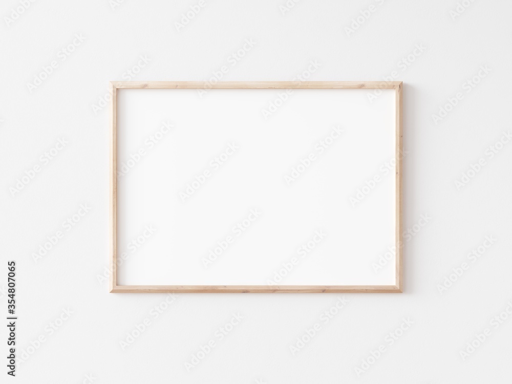 Landscape thin wooden frame on white wall. Horizontal wooden frame. 3d illustration. - obrazy, fototapety, plakaty 