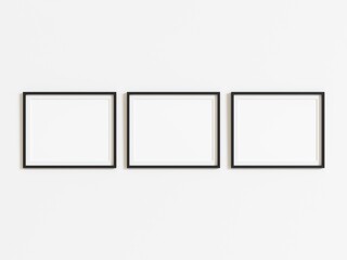 Wall Mural - Three black horizontal frames mockup on white wall. 3d illustration.