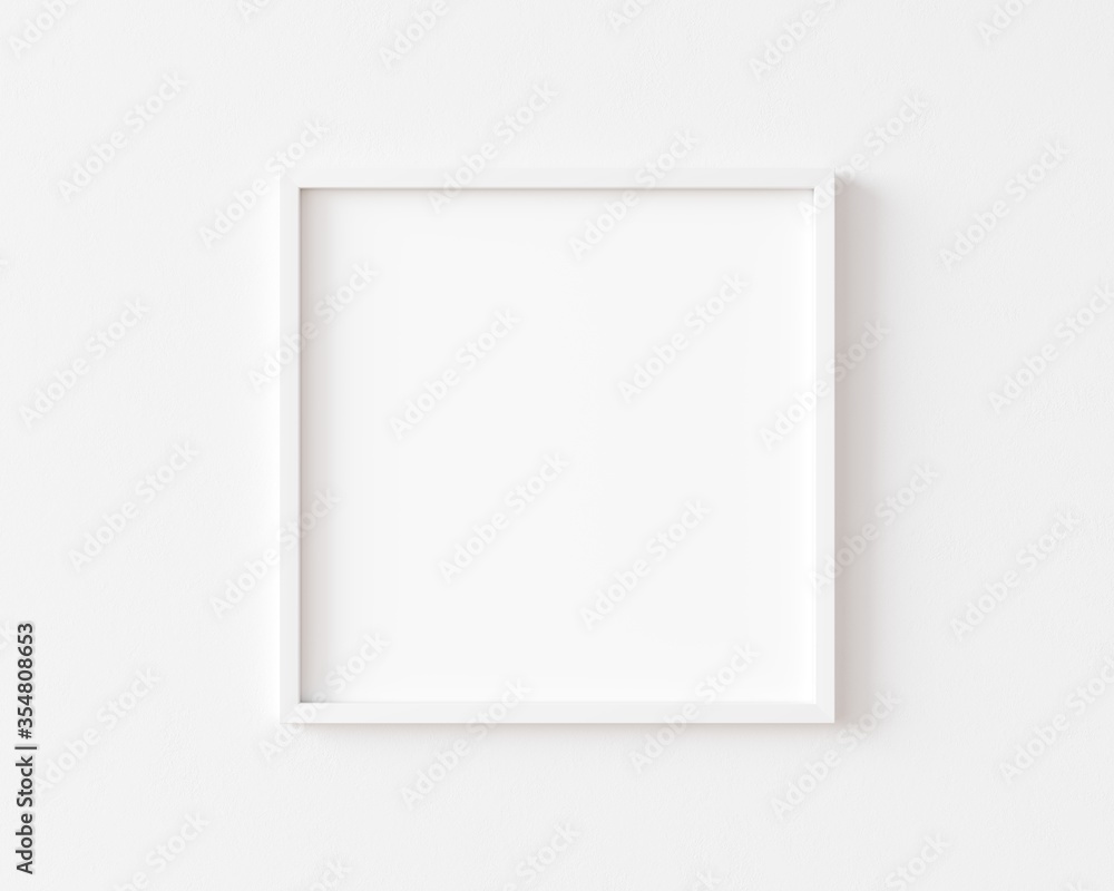 White square photo frame on white wall. 3d illustration. - obrazy, fototapety, plakaty 