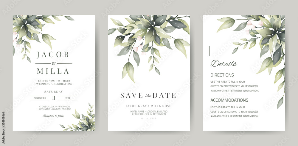 wedding invitation template card set with greenery watercolor leave and branch - obrazy, fototapety, plakaty 