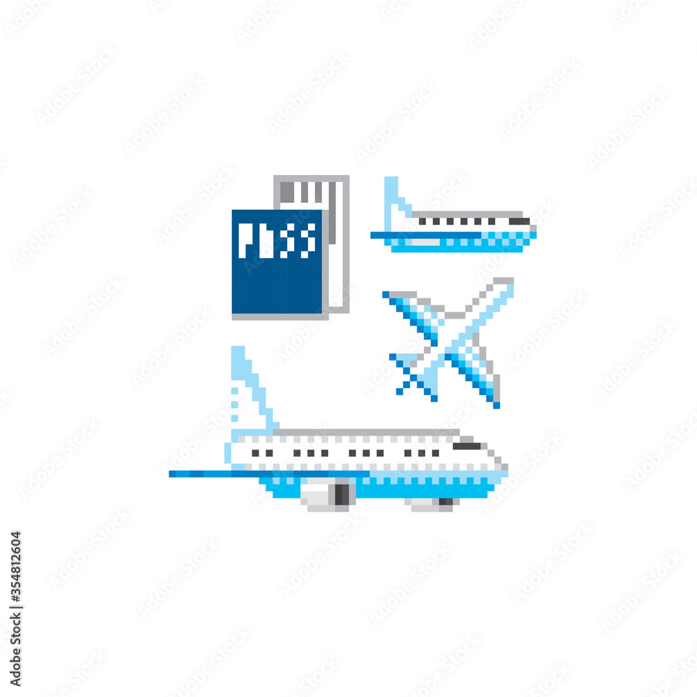 Airplane, passport, ticket. Air transport icons set. Pixel art. Old ...