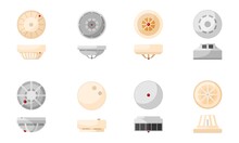 Set Fire Prevention Smoke Detector Sensor On White Background. Gas Sensor In Flat Style. Home Safety Alarm.