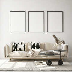 mock up poster frame in modern interior background, living room, Scandinavian style, 3D render, 3D illustration