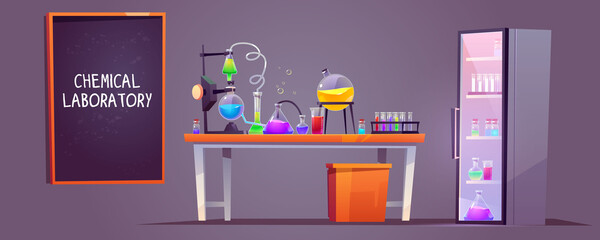 Chemical laboratory interior with glass flasks, tubes and beakers on table, blackboard on wall. Vector cartoon illustration of lab room with equipment for science research or medical test