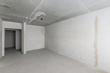 Russia, Moscow- January 27, 2020: interior room apartment rough repair for self-finishing. interior decoration, bare walls of the room, stage of construction