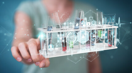 Aufkleber - Woman holding and touching medical analysis in tubes samples 3D rendering