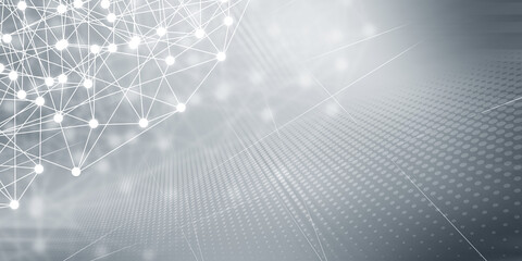 Gray halftone pattern with white line motion and network connection backdrop wallpaper. Clean Grey geometric background. Concept Technical backdrop.
