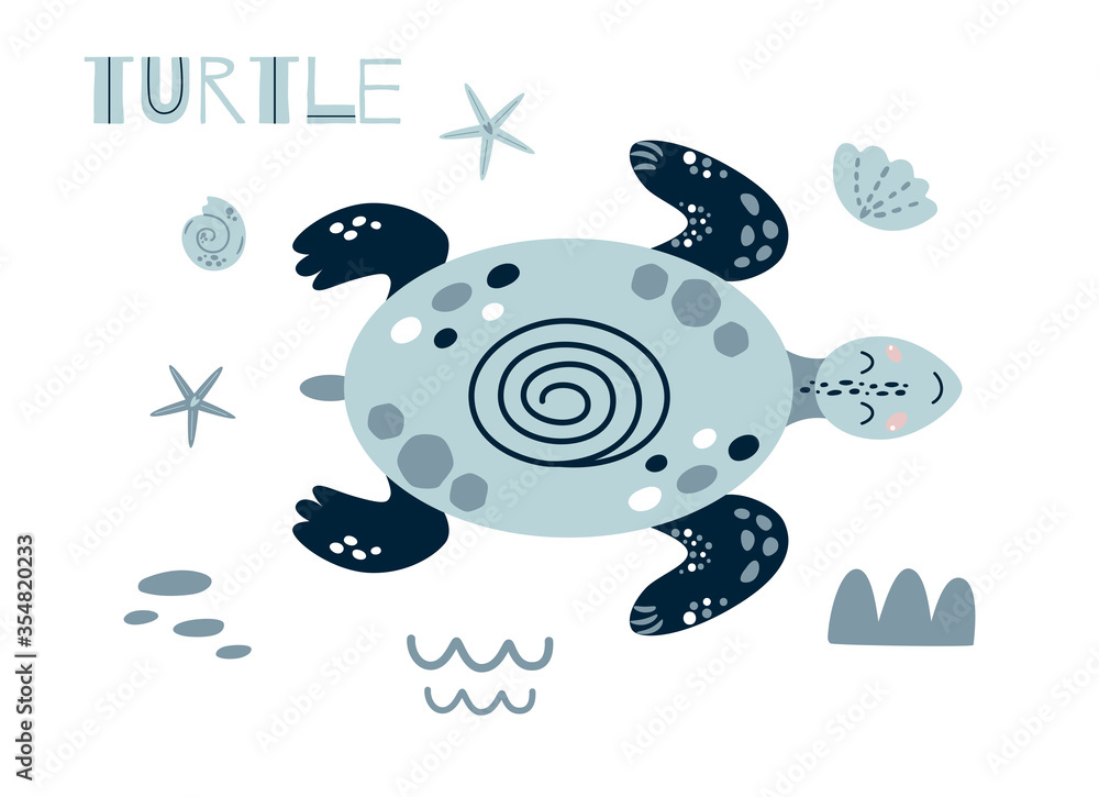 Cute turtle cartoon. Cute baby ocean animal girls boys summer sea element Kids nautical print cute blue turtle Illustration - obrazy, fototapety, plakaty 