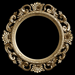 Classic golden frame with ornament decor isolated on black background