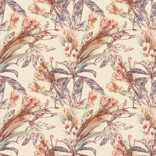 Watercolor Seamless Pattern With Exotic Plants.