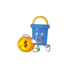 Sticker - cartoon picture of blue sand bucket rich character with a big gold coin