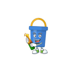 Wall Mural - Happy face of blue sand bucket cartoon design toast with a bottle of beer