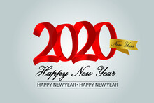 2020 Happy New Year Anniversary Red Color Ribbon Style With Golden Ribbon Color On Grey Background - Vector