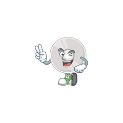 Poster - smiling compact disk cartoon mascot style with two fingers