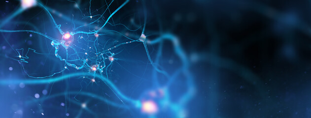 neurons and nervous system. nerve cells background with copy space (3d microbiology render banner)