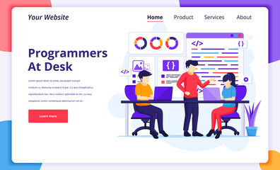Wall Mural - programmers at work concept, people work on laptop programming and coding. modern flat web page desi